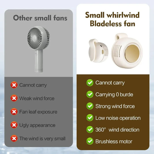 Comparison graphic of small bladeless fan vs other small fans (product shown in white)