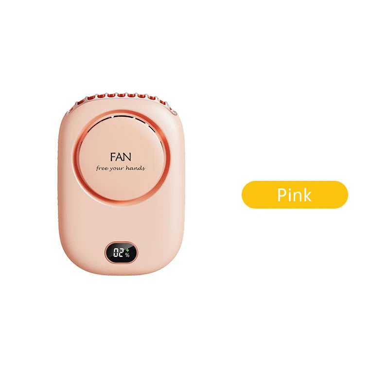 Pink portable neck fan with circular control panel and small LED temperature display