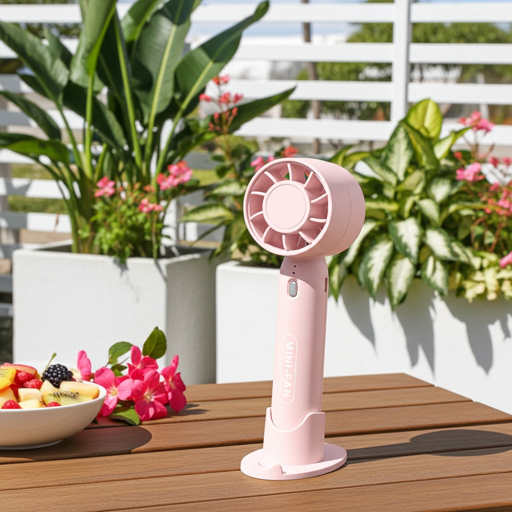 Pink mini portable USB fan with round grille and stand base