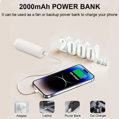 White foldable fan power bank with USB cable and 2000mAh charging output