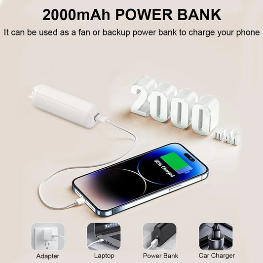 White foldable fan power bank with USB cable and 2000mAh charging output