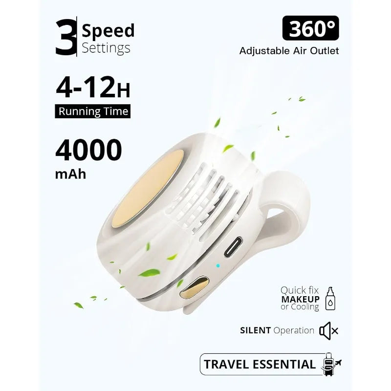 White bladeless waist fan diagram showing 3 speed settings and adjustable air outlet