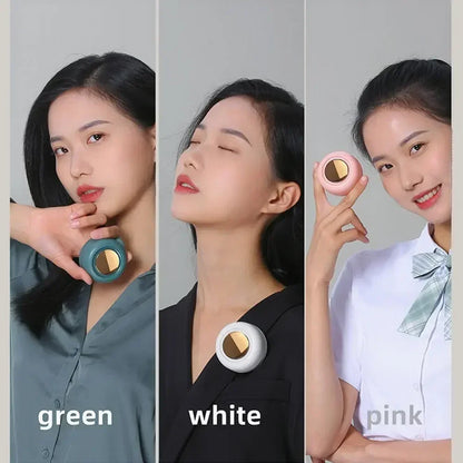 Color lineup showing green, white, and pink bladeless waist fans with clips