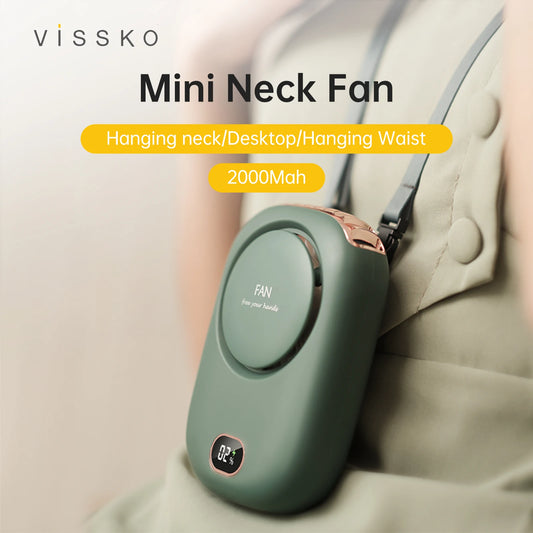Green portable neck fan with round control panel and small LED display