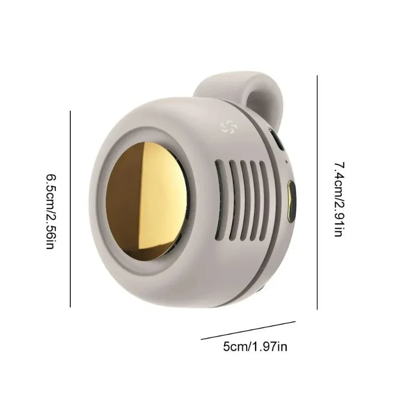 Gray bladeless waist fan with gold intake, vent grille, and size markings