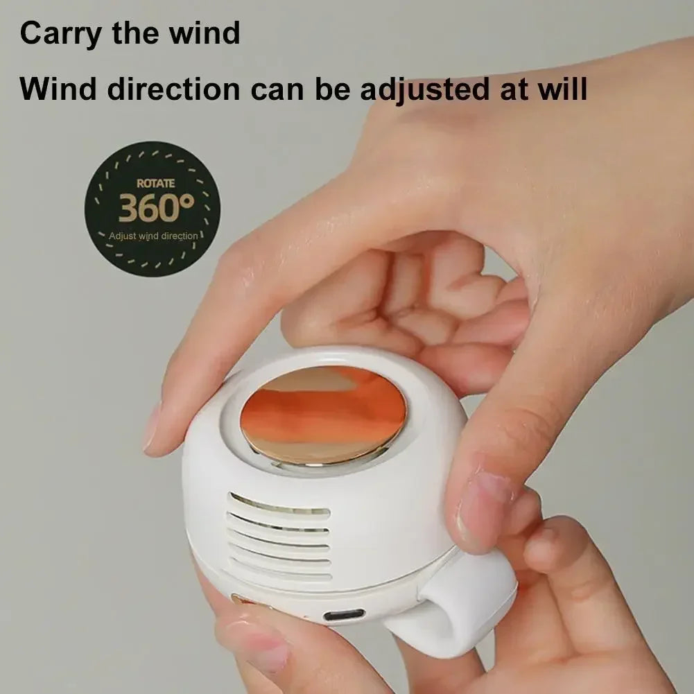 Hands holding a white bladeless fan with adjustable 360-degree air outlet icon
