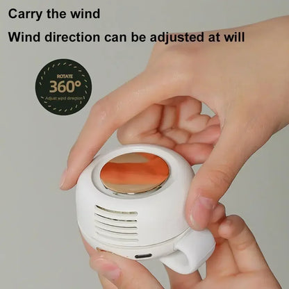 Hands holding a white bladeless fan with adjustable 360-degree air outlet icon