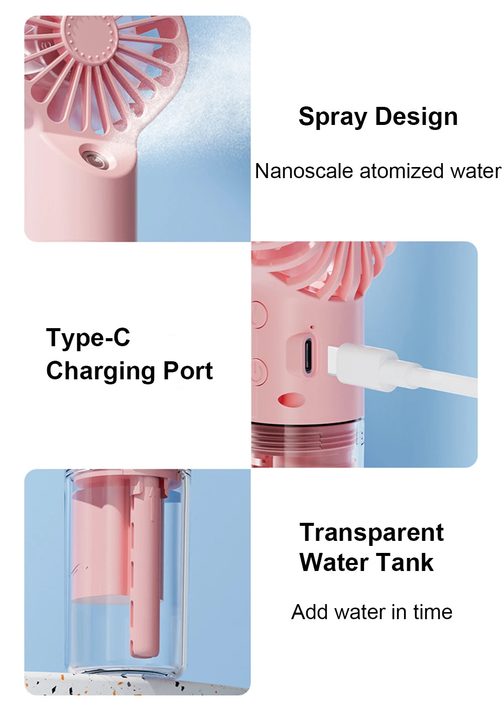 Pink portable mist fan details: Type-C charging port and transparent water tank