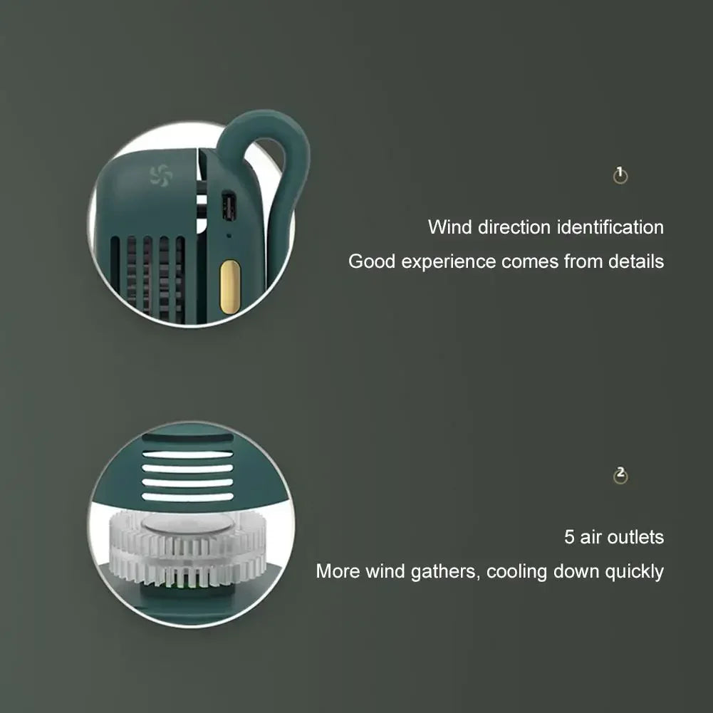 Close-up inset details of a green bladeless waist fan and vent outlets