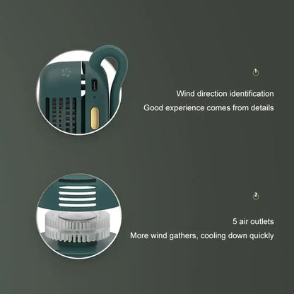 Close-up inset details of a green bladeless waist fan and vent outlets
