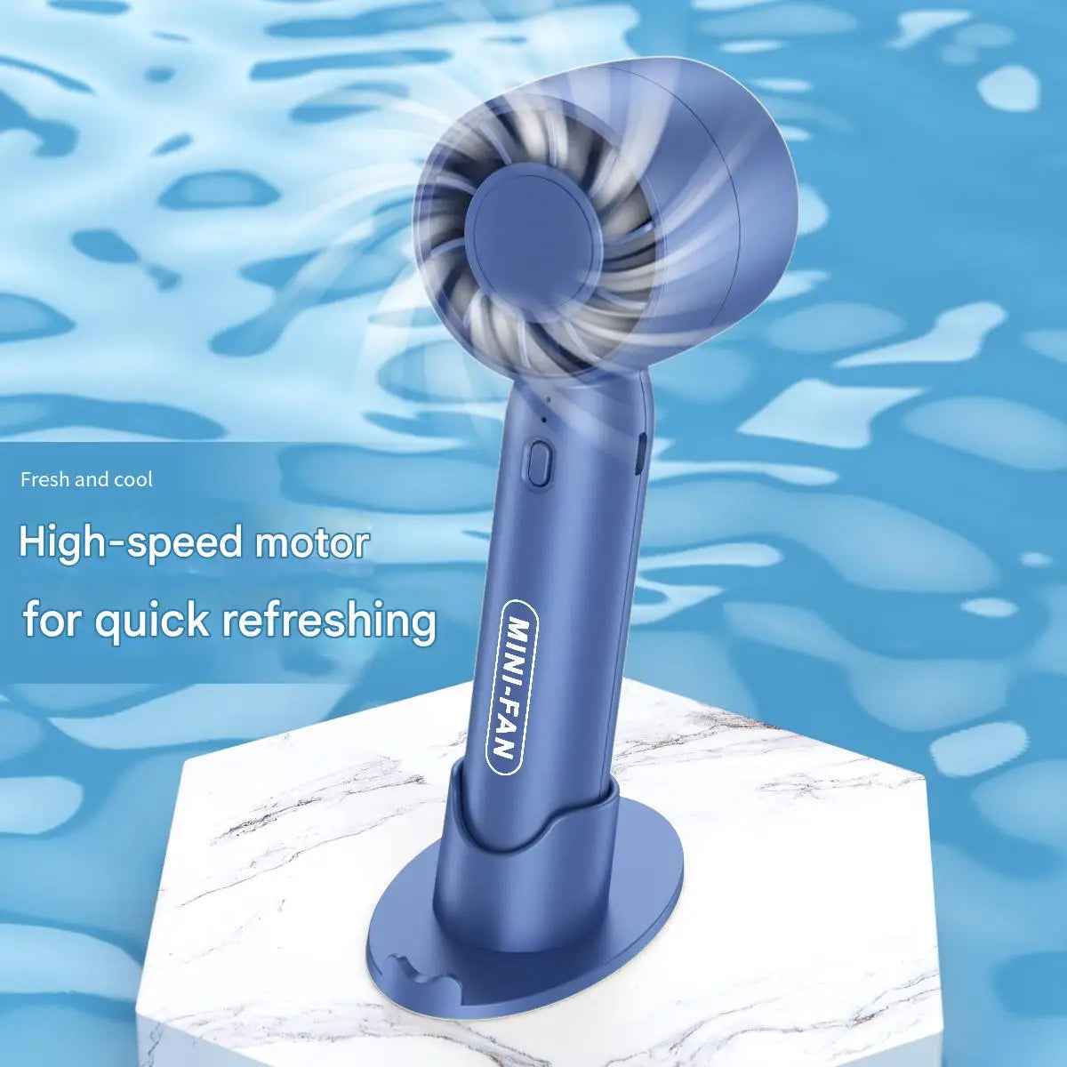 Blue mini portable USB fan on tabletop stand with circular fan grille