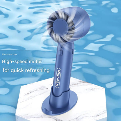Blue mini portable USB fan on tabletop stand with circular fan grille