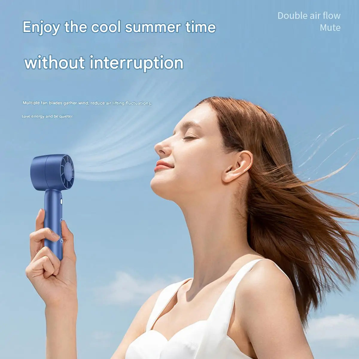 Handheld mini portable USB fan in blue with button and grille