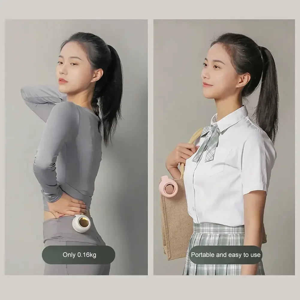 White and pink bladeless waist fans shown worn or held by people