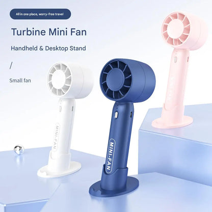 Mini portable USB fan set with desktop stands in blue, white, and pink