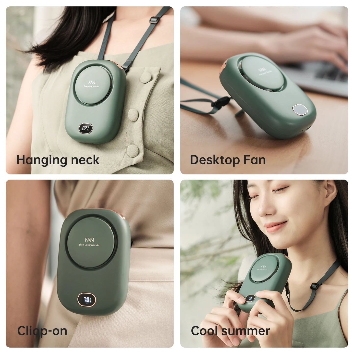 Green neck fan with adjustable strap, shown for hanging neck or desktop use