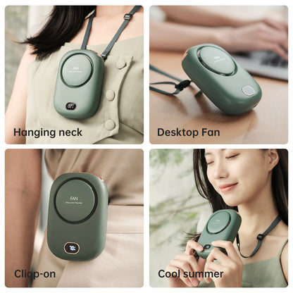 Green neck fan with adjustable strap, shown for hanging neck or desktop use
