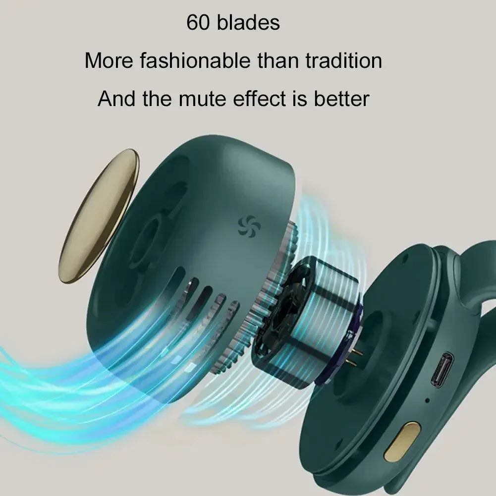 Green bladeless fan with visible airflow swirl and circular intake housing