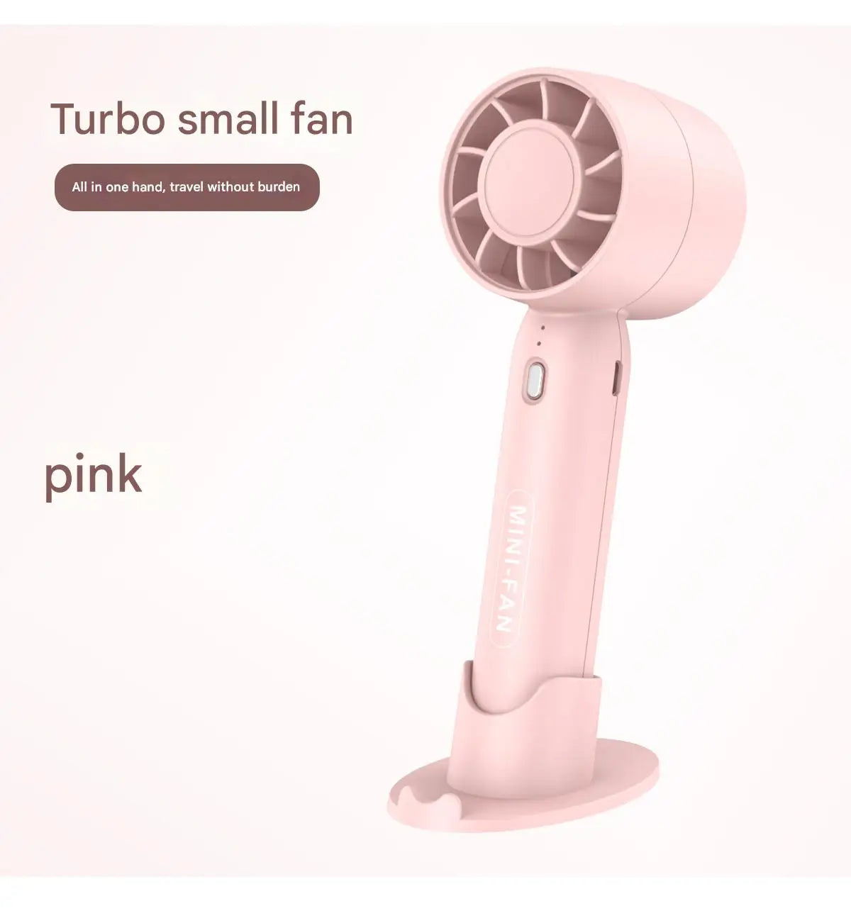 Pink portable USB mini fan with tabletop stand, circular fan grille