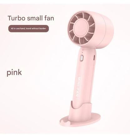 Pink portable USB mini fan with tabletop stand, circular fan grille