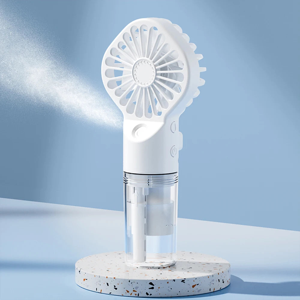Handheld mist fan, white body with water-spray nozzle and circular fan head