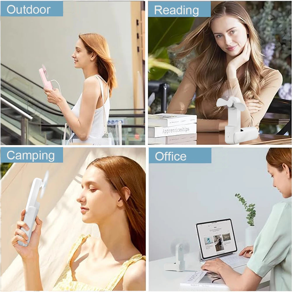 Pink portable folding fan in hand with three-blade airflow head for daily use