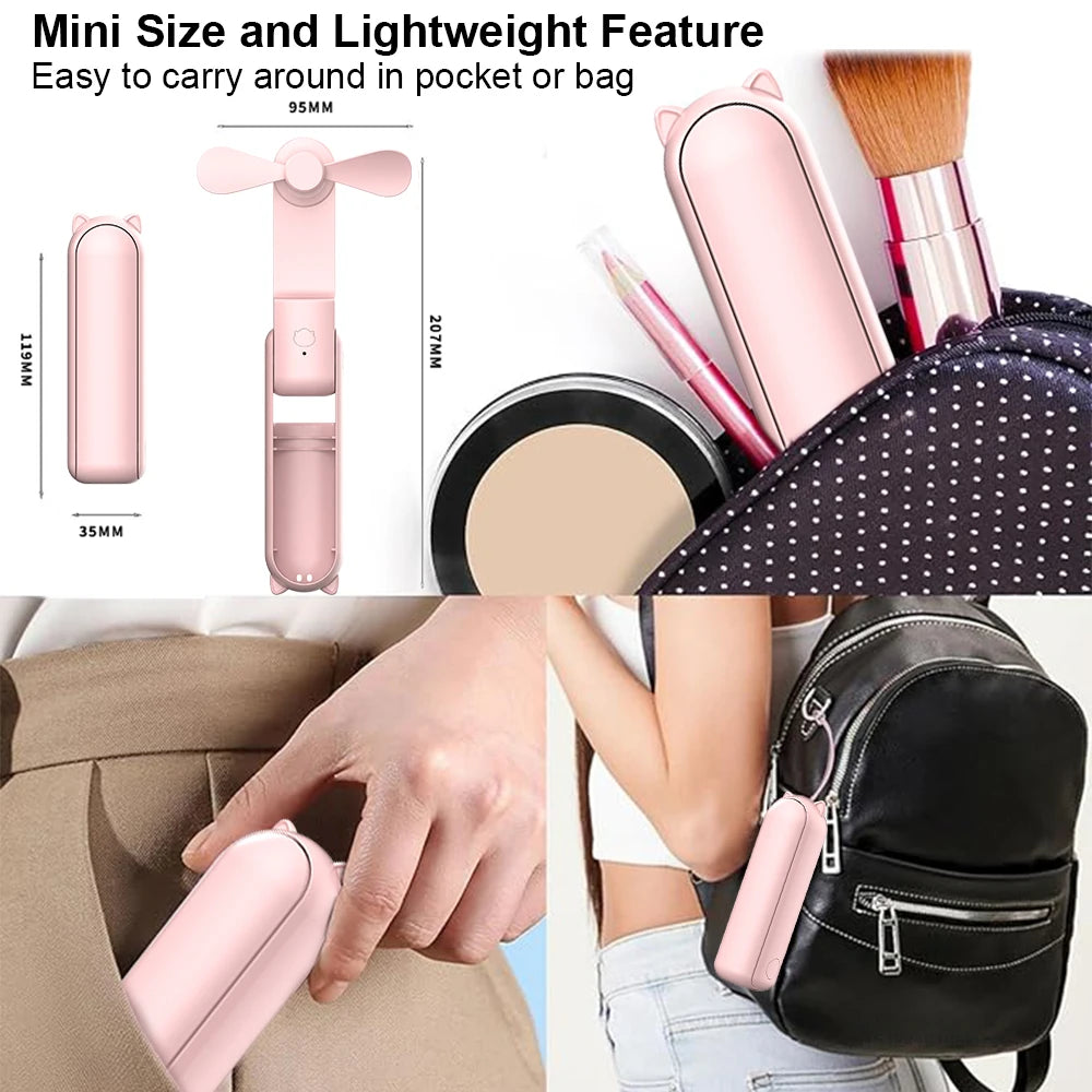 Pink mini foldable handheld fan, compact size with three-blade head for pocket carry
