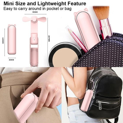 Pink mini foldable handheld fan, compact size with three-blade head for pocket carry