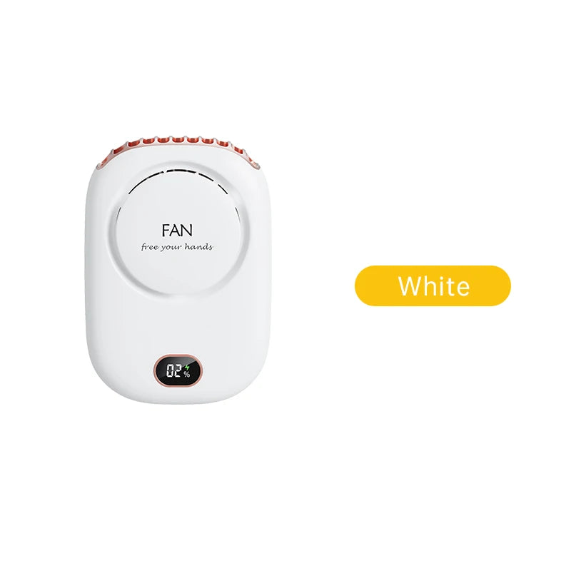 White portable neck fan with circular control panel and small LED temperature display