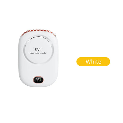 White portable neck fan with circular control panel and small LED temperature display