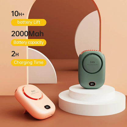 Portable neck fan set showing green fan on base and pink fan on tabletop