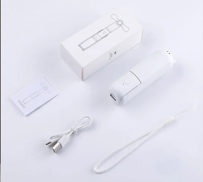 Foldable portable fan with USB charging cable, instruction card, and retail box