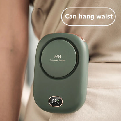 Green hanging neck fan with circular top panel and digital temperature display