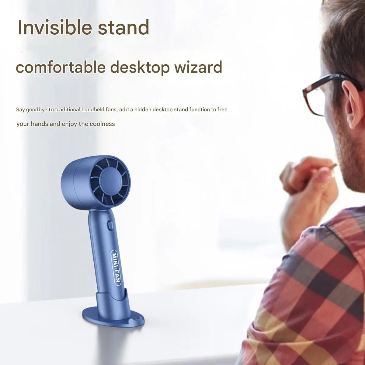 Blue portable USB mini fan with fold-out desktop stand