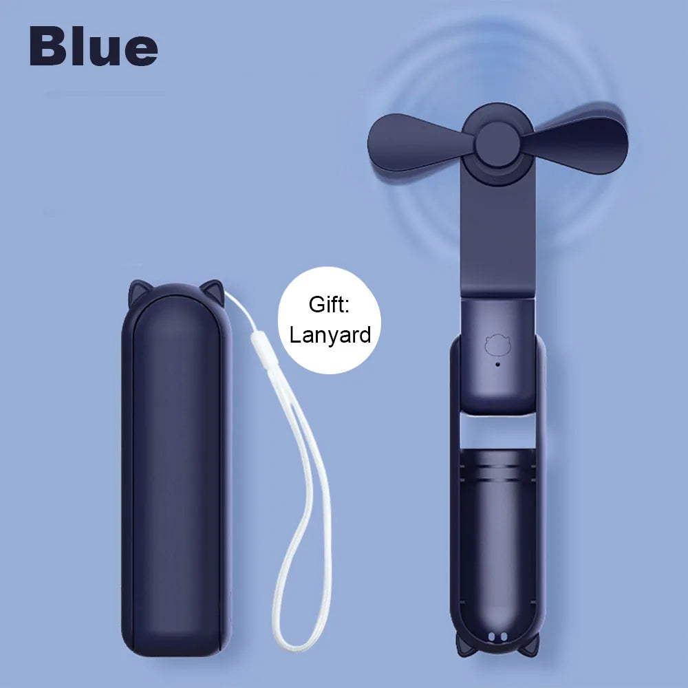 Blue foldable portable fan with three-blade head and included lanyard