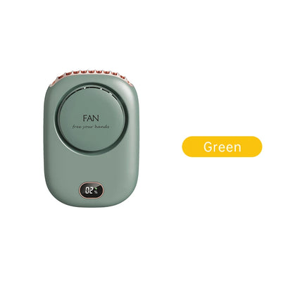 Green portable neck fan with circular control panel and small LED temperature display