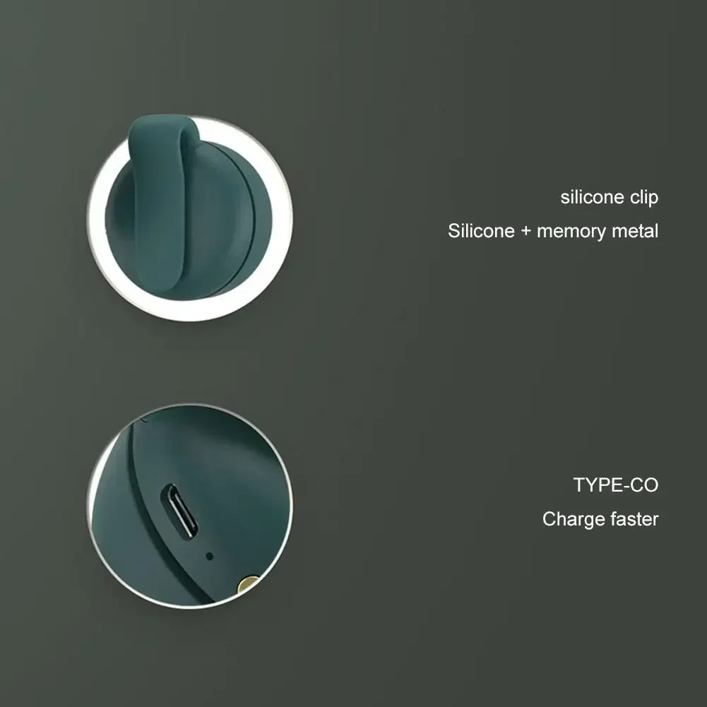 Green bladeless fan with silicone clip and charging port close-up inset