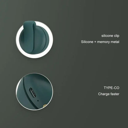 Green bladeless fan with silicone clip and charging port close-up inset