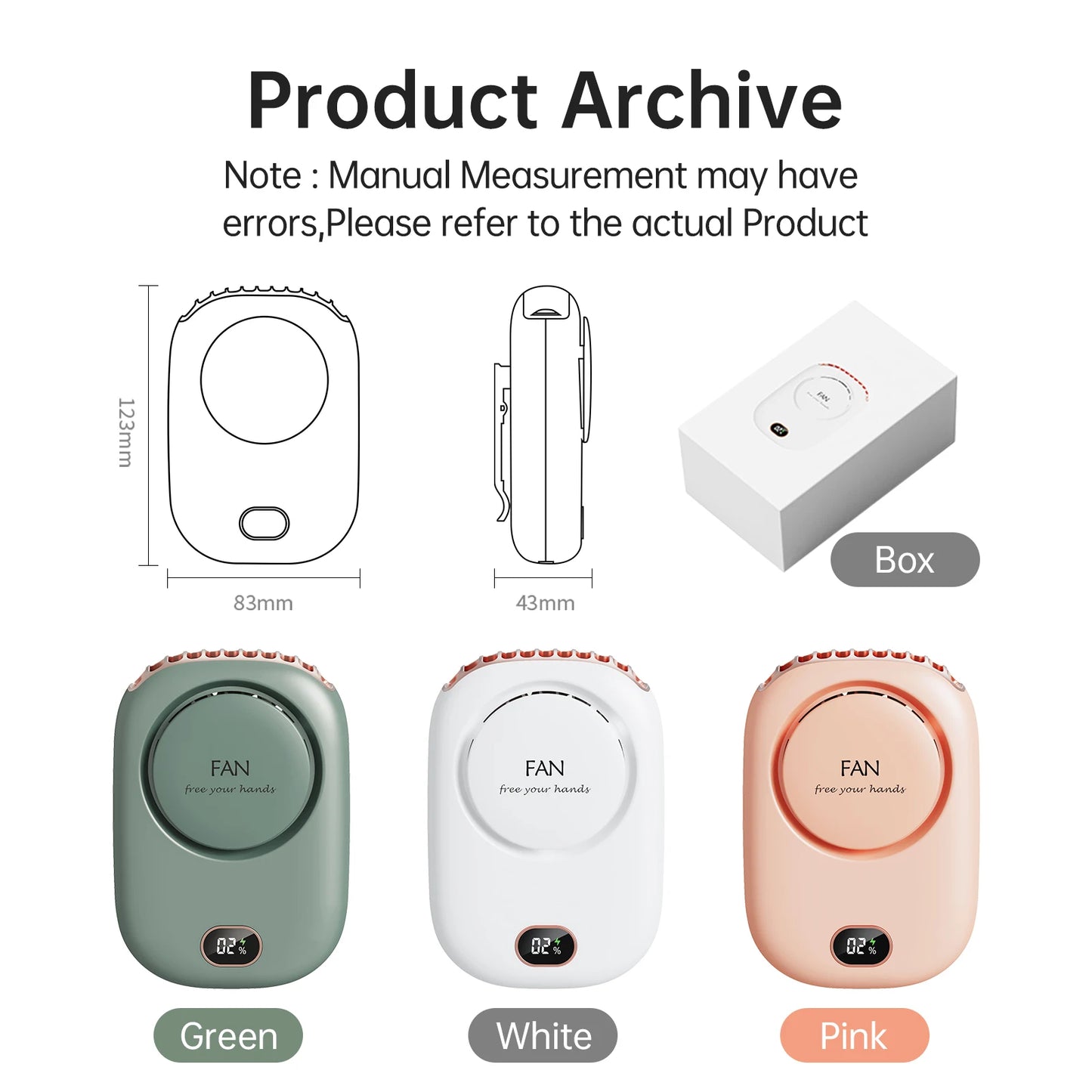 Portable neck fan color options (green, white, pink) with dimensions and box