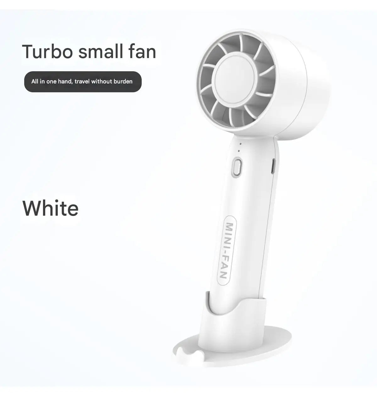 White portable USB mini fan with tabletop stand and circular fan grille