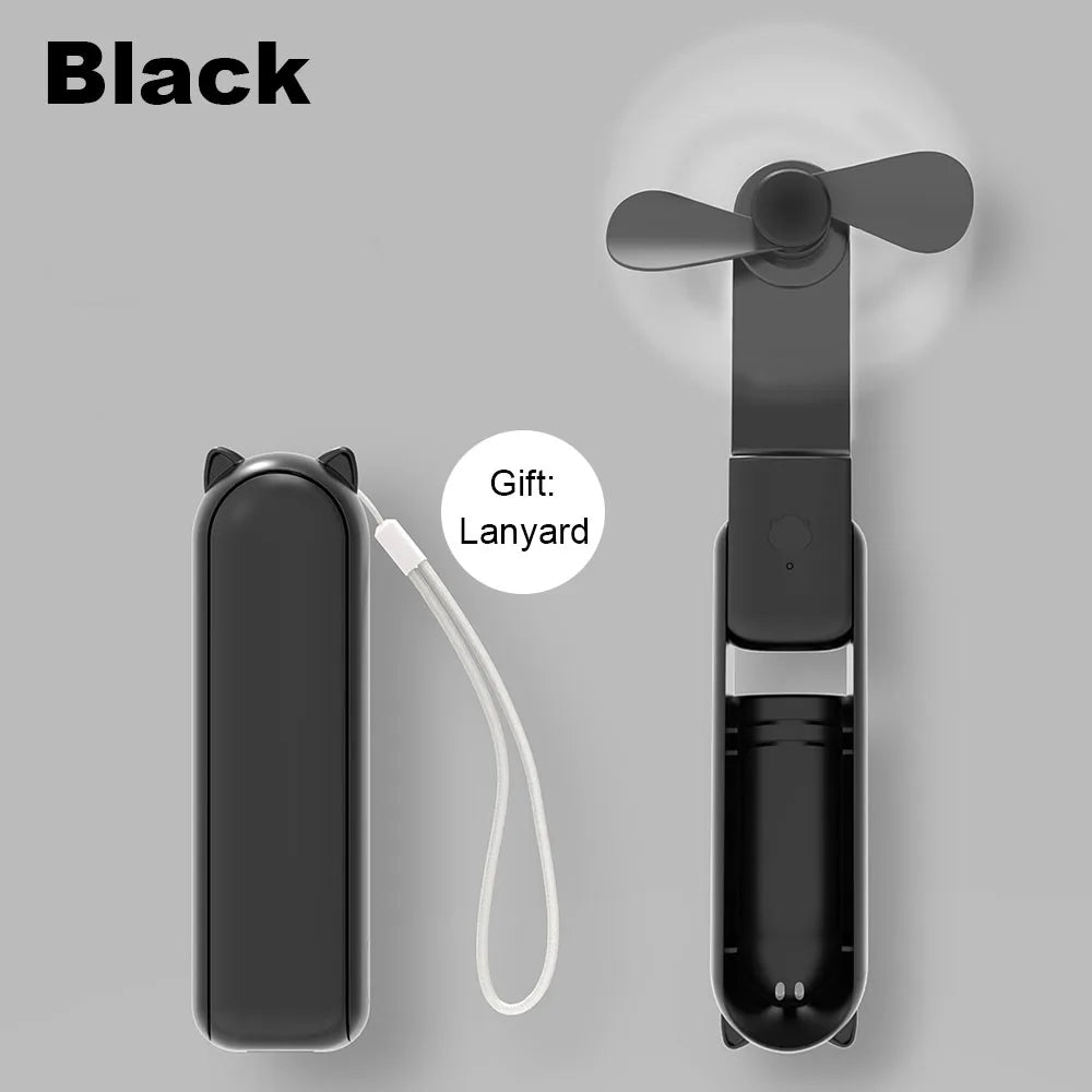 Black foldable portable fan with three-blade head and included lanyard