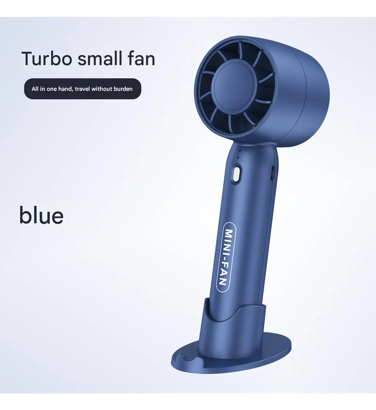 Blue portable USB mini fan with tabletop stand and round fan grille