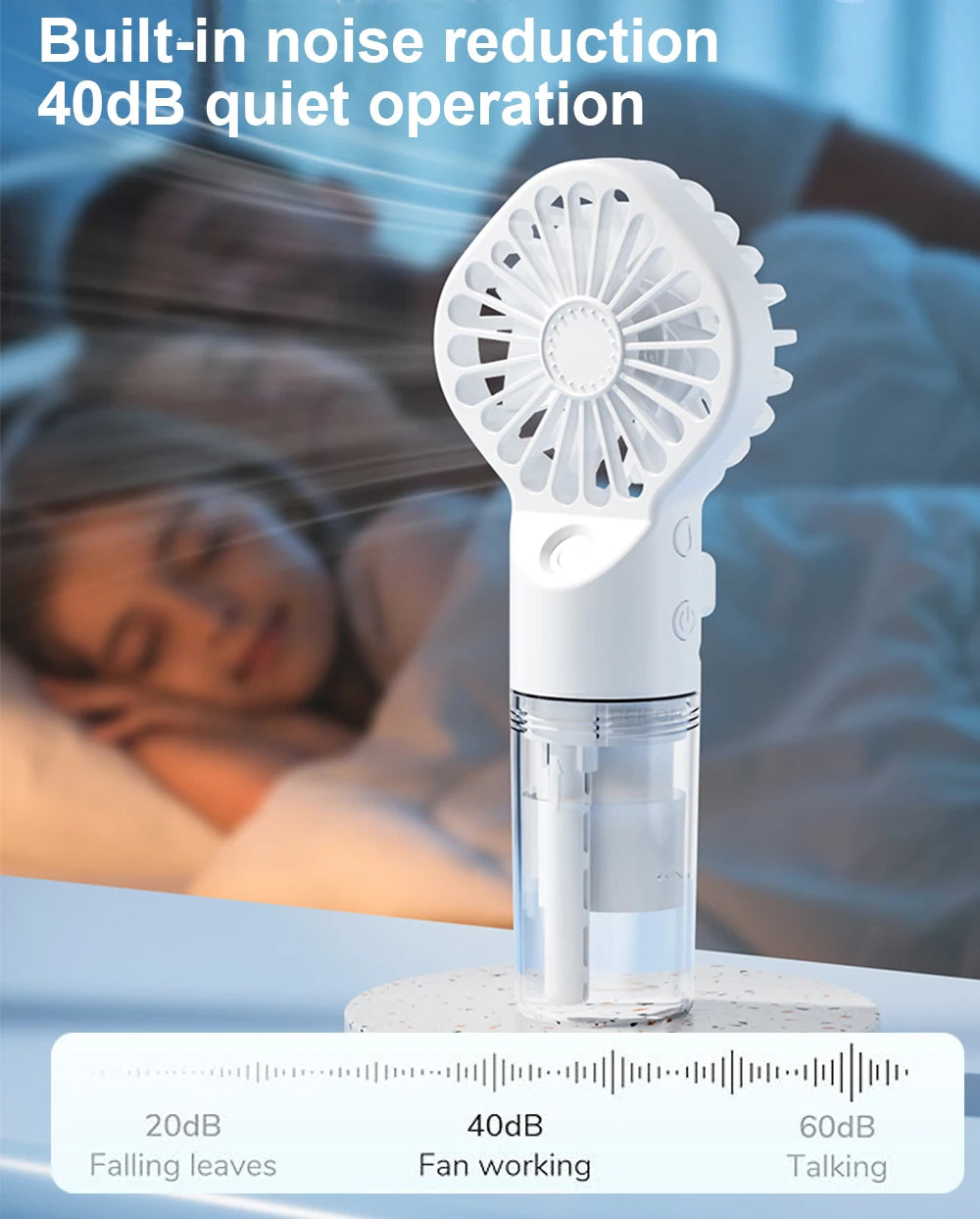 White handheld mist fan with quiet operation design and transparent tank