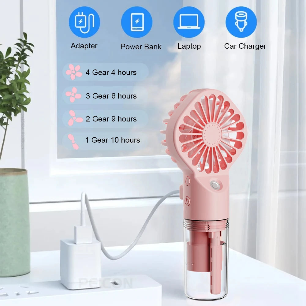 Pink USB rechargeable mist fan on a desk with visible water tank