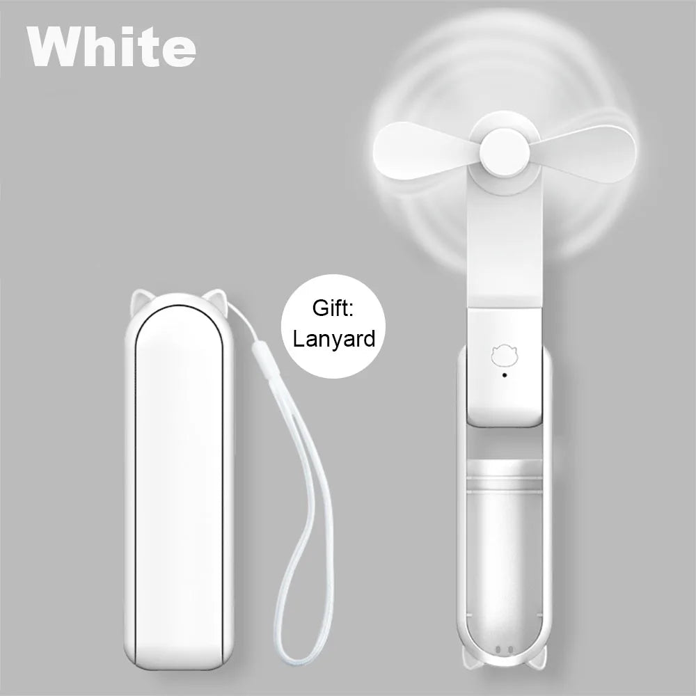 White foldable portable fan with three-blade head and included lanyard