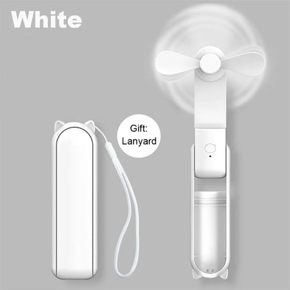 White foldable portable fan with three-blade head and included lanyard