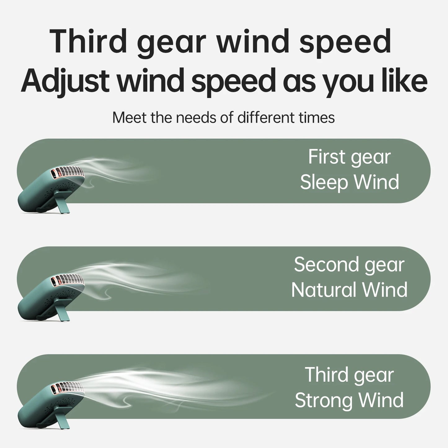 Green neck fan with airflow lines showing three wind speed modes