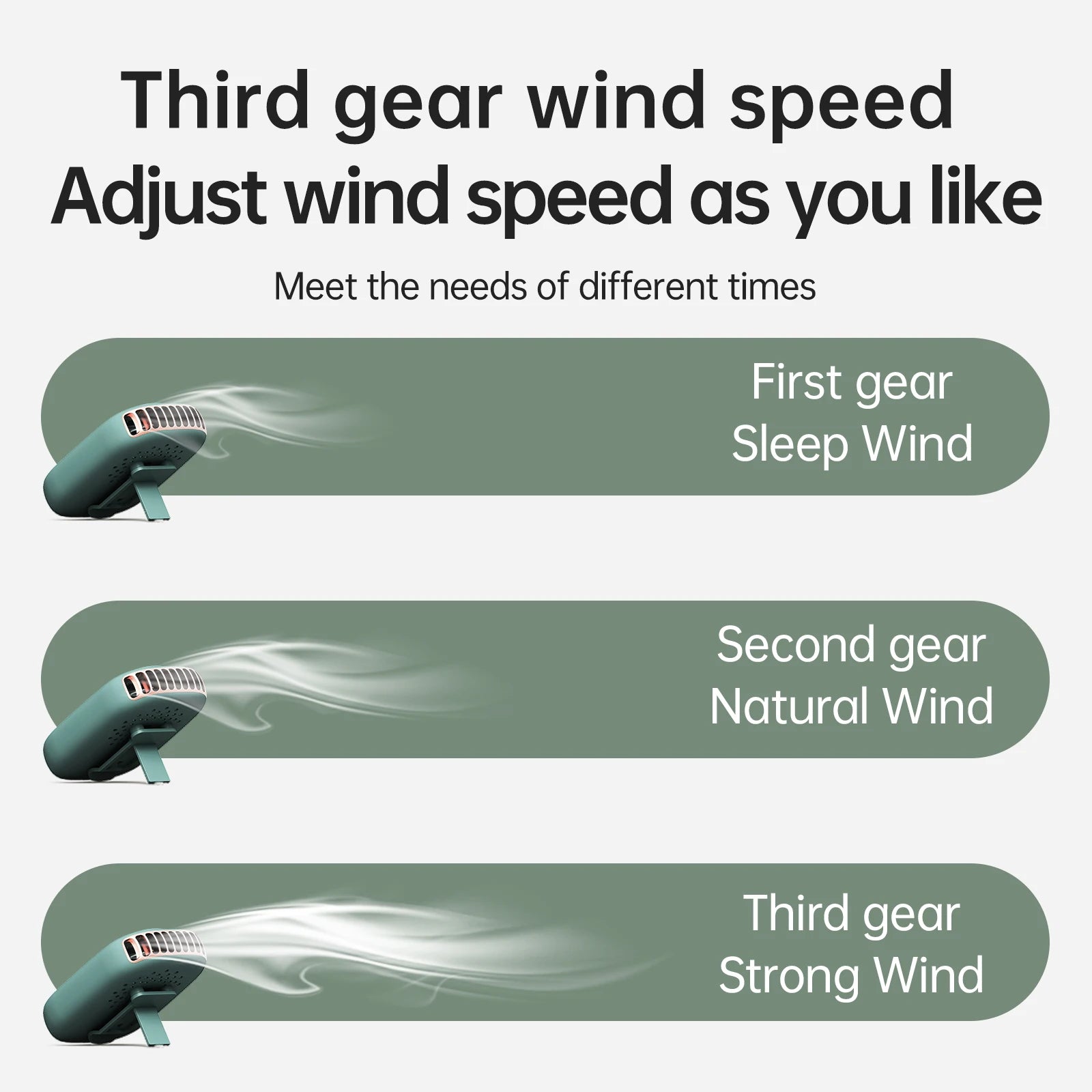 Green neck fan with airflow lines showing three wind speed modes