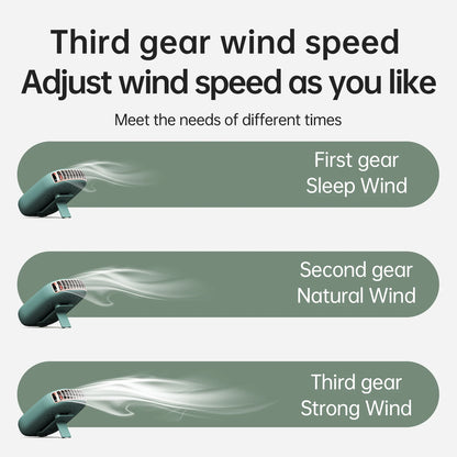 Green neck fan with airflow lines showing three wind speed modes