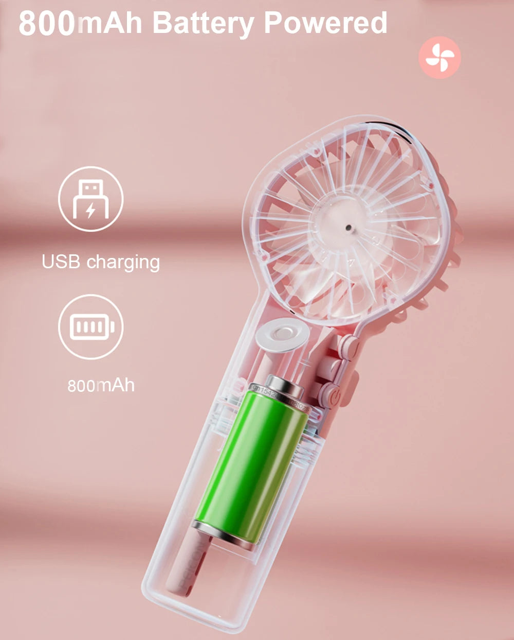 Pink mist fan with 800mAh battery and USB charging port shown